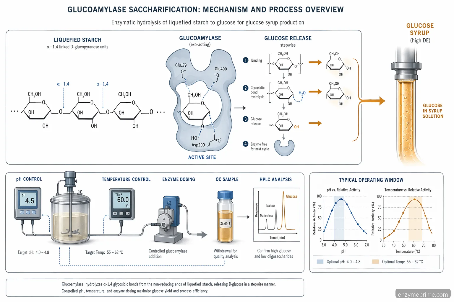 application of glucoamylase process diagram, showing starch chains hydrolyzed into glucose under controlled pH and temperature