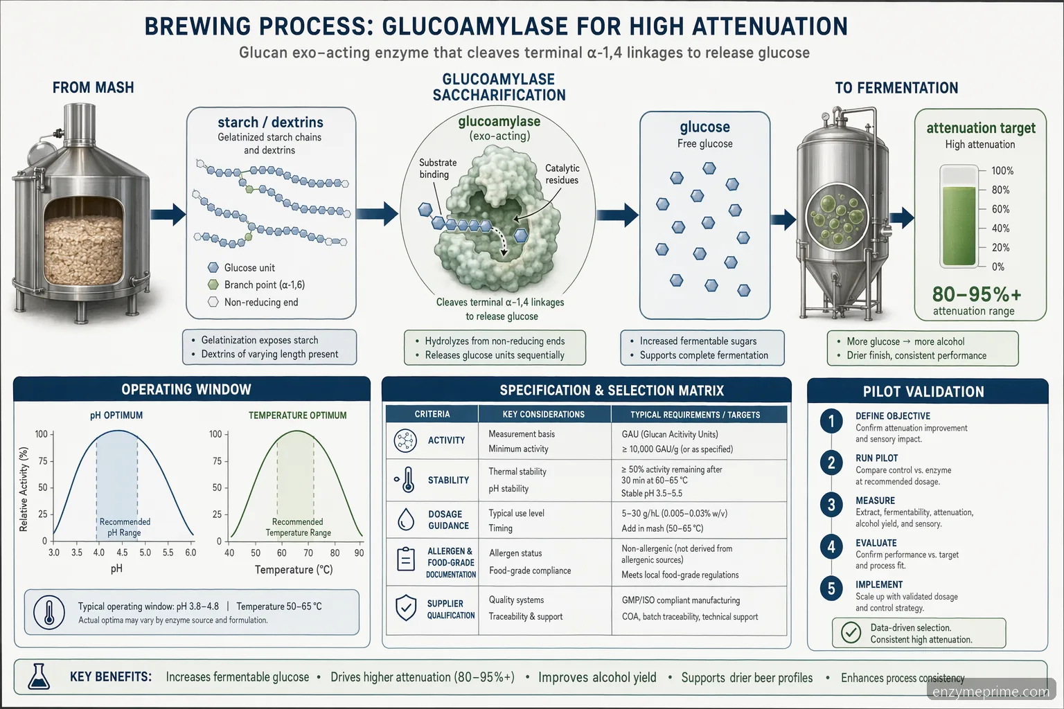 brewing with glucoamylase process diagram showing starch conversion to glucose with pH and temperature windows
