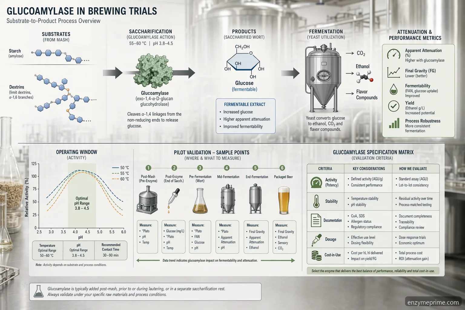 glucoamylase brewing process diagram showing starch hydrolysis, pH and temperature controls, fermentable extract, and attenuation