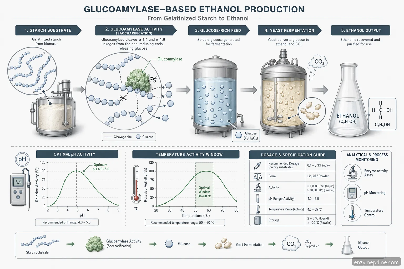 Glucoamylase enzyme ethanol production saccharification diagram showing starch-to-glucose flow, pH curve, and temperature window