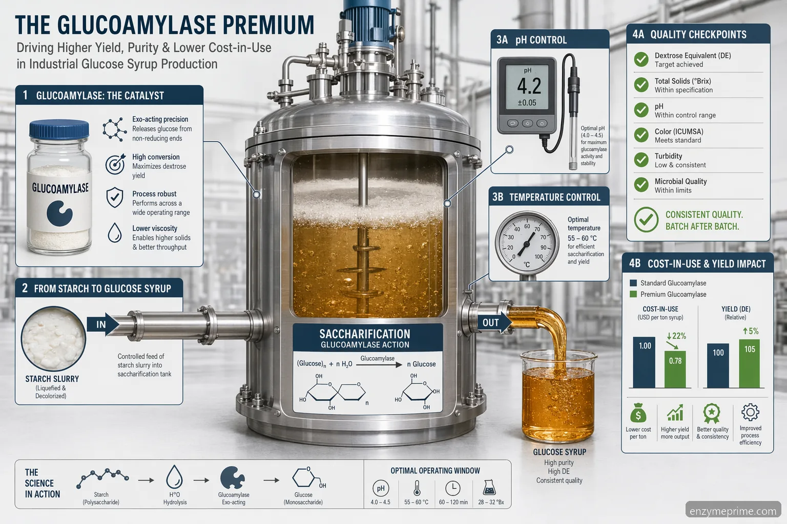 glucoamylase industrial glucose syrup guide, showing enzyme selection, saccharification conditions, QA, and cost checks